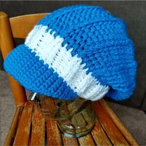 Pool Blue Slouchy with a Brim white band handmade crochet OSFM ready to ship